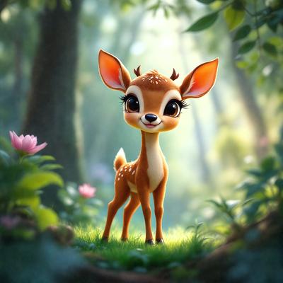 Primary subject: A cartoon deer with a smile on its face.

Setting/background: A forest with trees and flowers.

Visual style: Digital art.

Colors and mood: The deer is brown and white, and it has a cheerful and friendly expression.